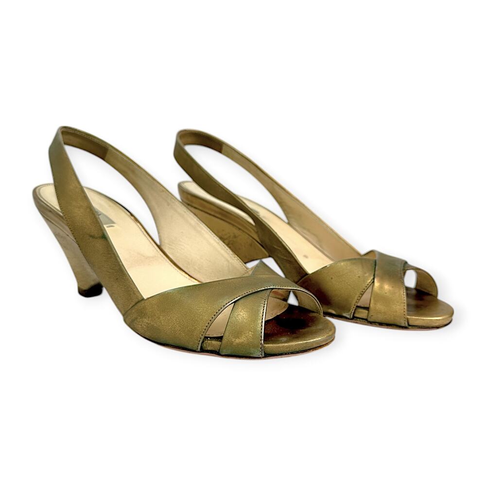 PRADA | US 8.5 / IT 38.5 | Metallic Gold Leather Peep-Toe Slingback Pumps